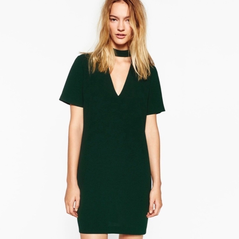 ZARA XS Hunter Green V Neck Choker Cutout Shift Dress Date Night
